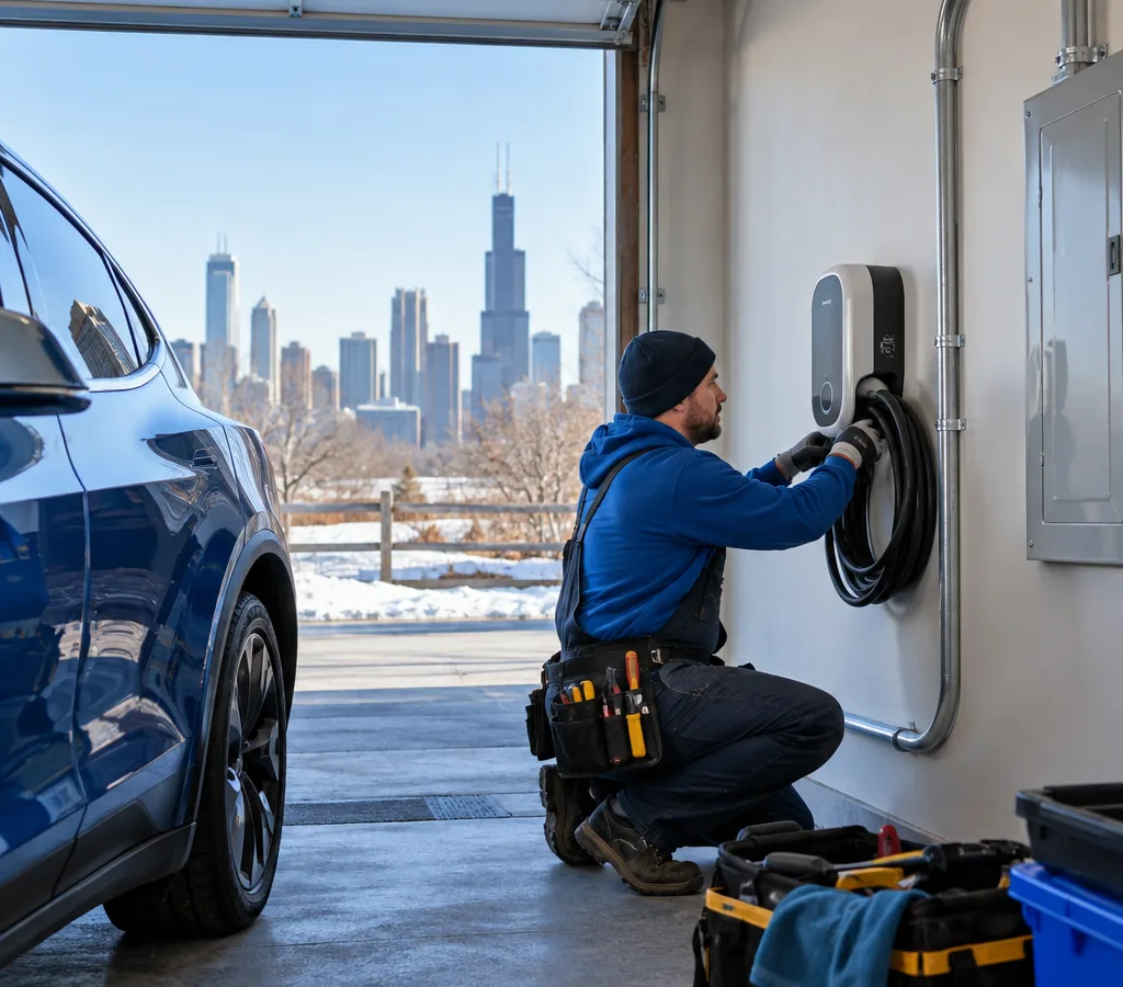 Electrician mounting a Level 2 EV charger in a Chicago garage with tidy conduit and panel labeling