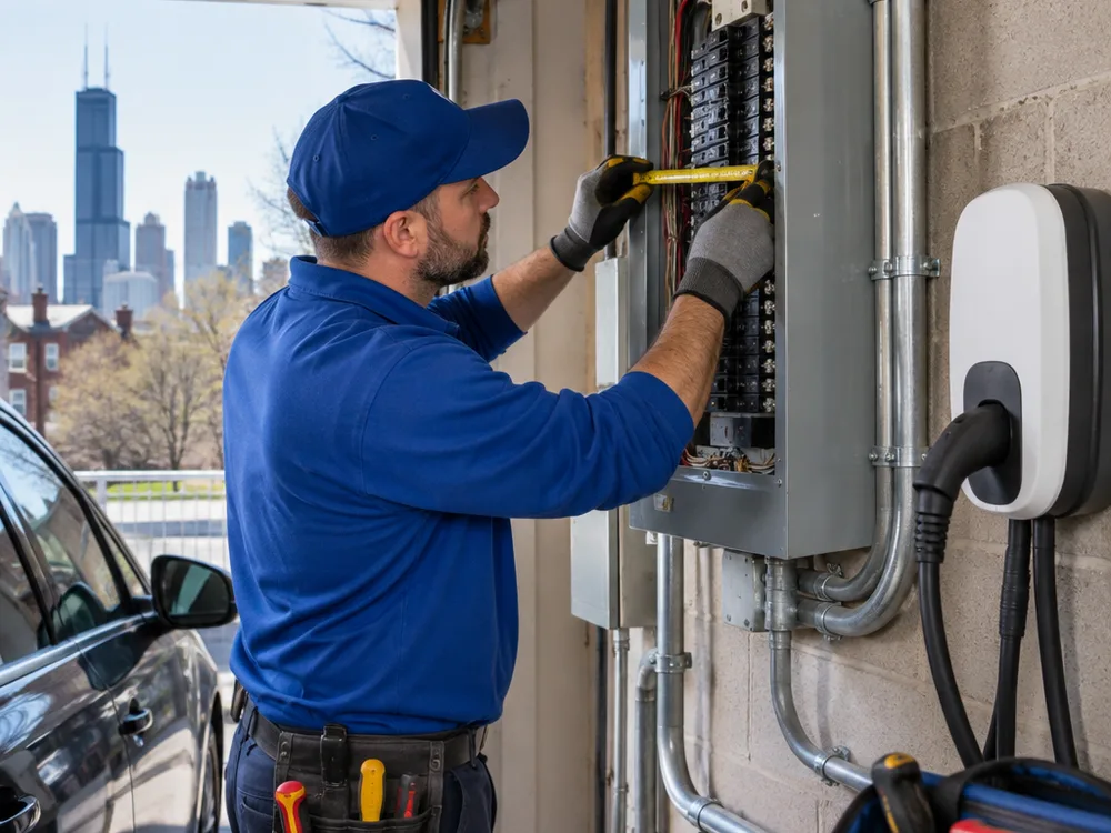 Technician inspecting a main electrical panel and the nearby EV charger conduit route