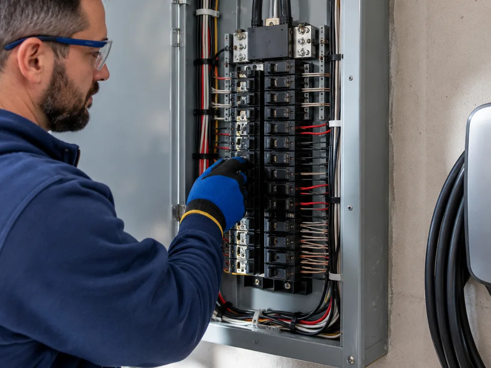 Electrical panel with a dedicated EV charging breaker, clear labeling and tidy wire management
