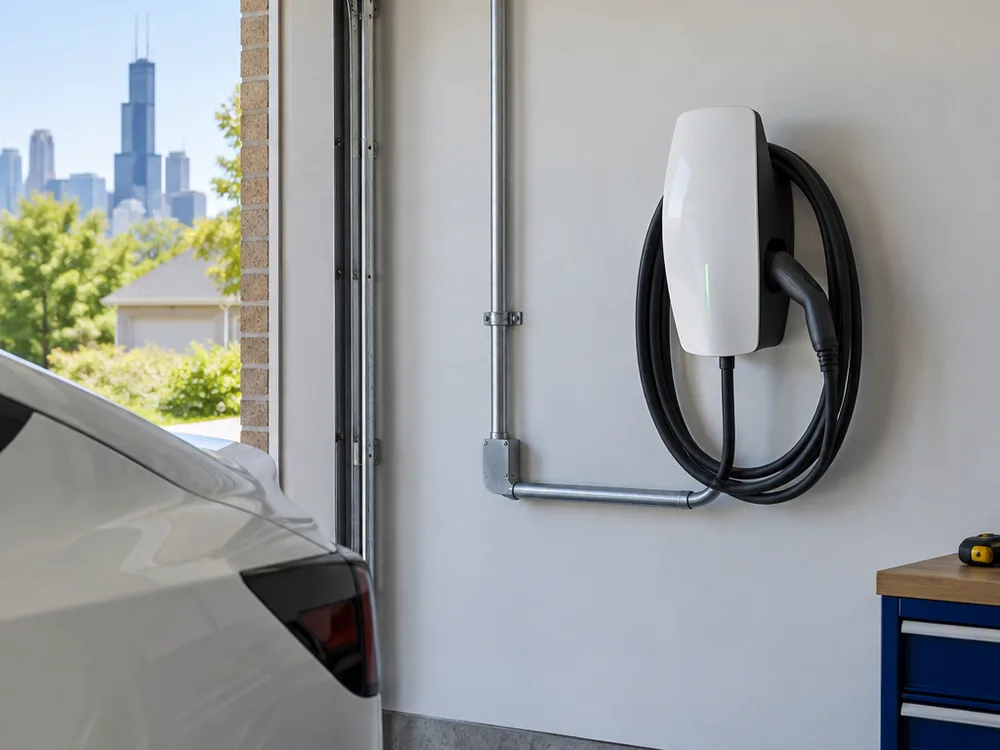 Tesla Wall Connector installed with straight conduit and a clean masonry entry point